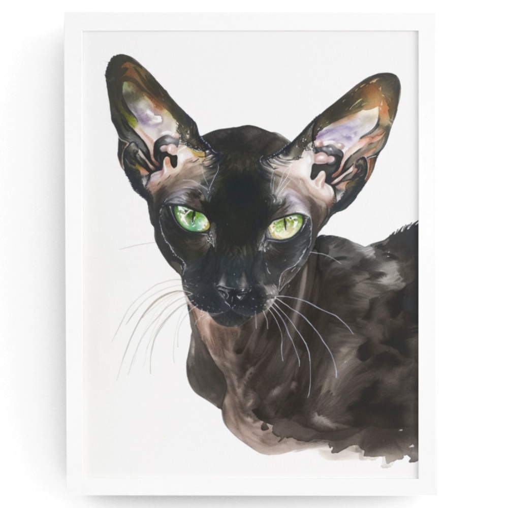 Watercolor Oriental Black Cat Portrait Wall Art Illustration Print Unframed